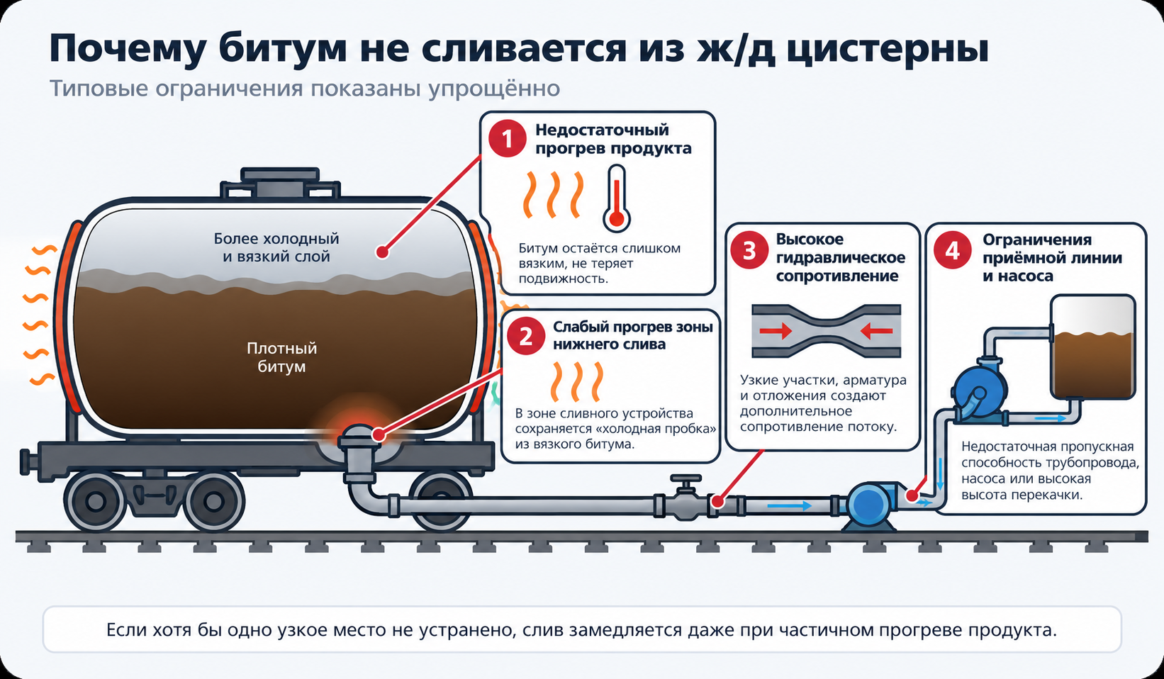 Схема возможных ограничений слива битума из железнодорожной цистерны: прогрев, нижний слив, гидравлическое сопротивление и приёмная линия